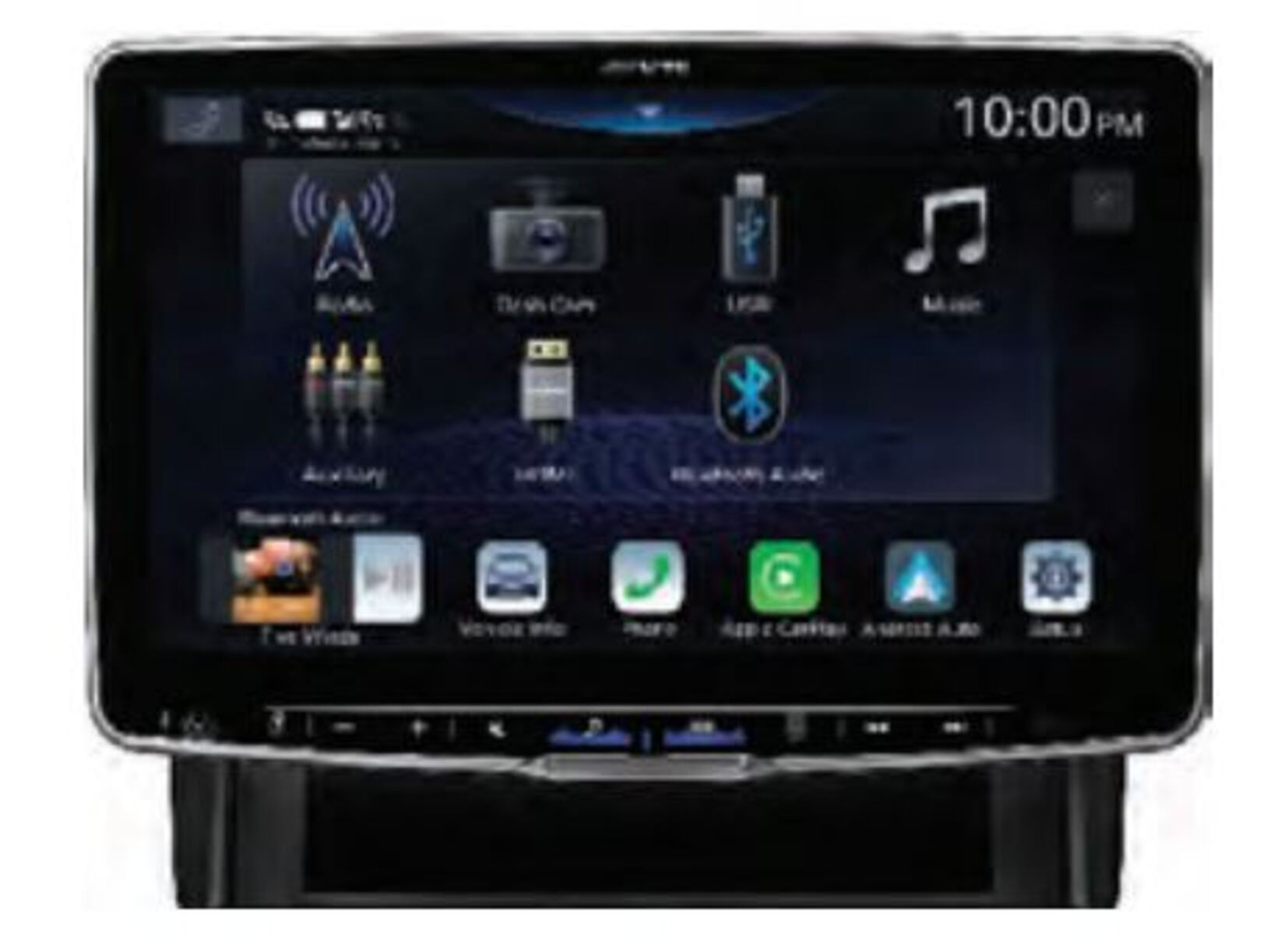 Auto-Multimedia-Bildschirm mit verschiedenen Symbolen wie Radio, Kamera, USB, Musik und Apps.