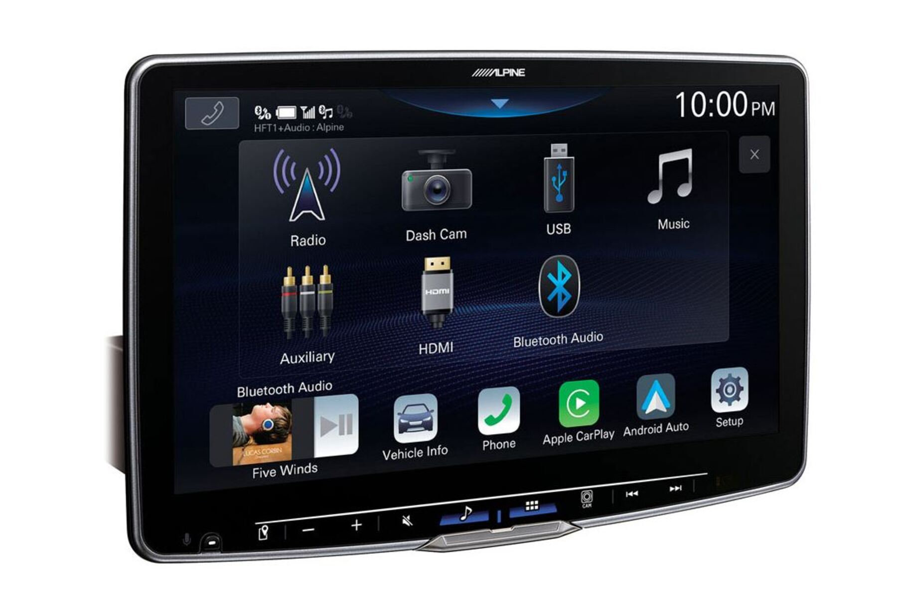 Autoradio: Schwarzer Bildschirm mit Symbolen für Radio, Dashcam, USB, Musik, Bluetooth und andere Apps.