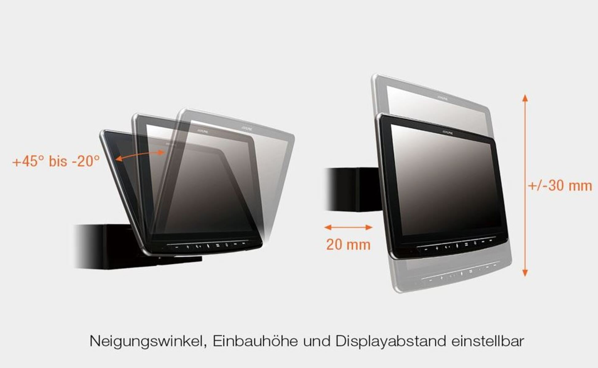 Ein Monitor, der gekippt und an einem Ständer befestigt werden kann. Der Neigungswinkel ist einstellbar von +45 bis -20 Grad.