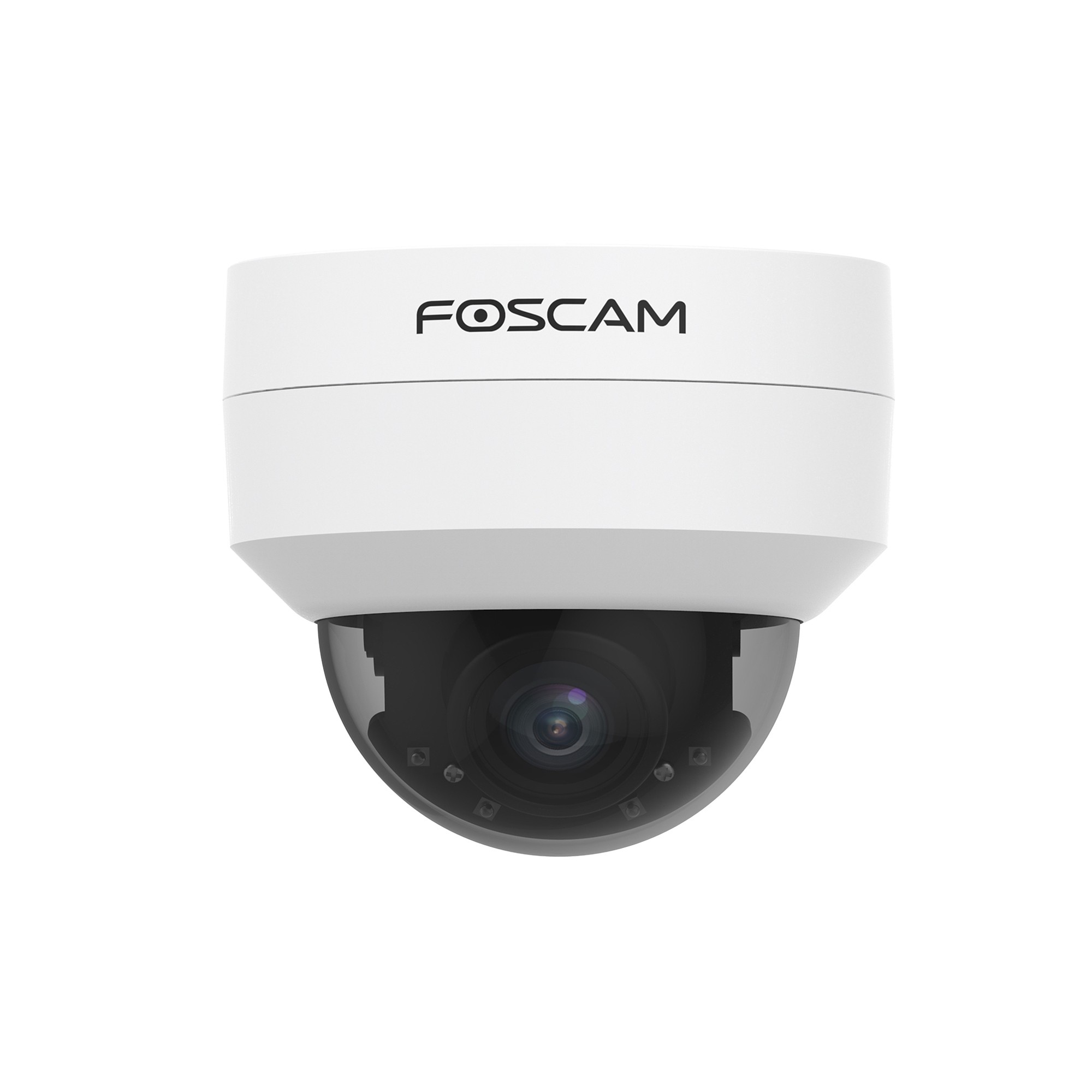 White Foscam security camera with a dome-shaped lens and the brand name on top.