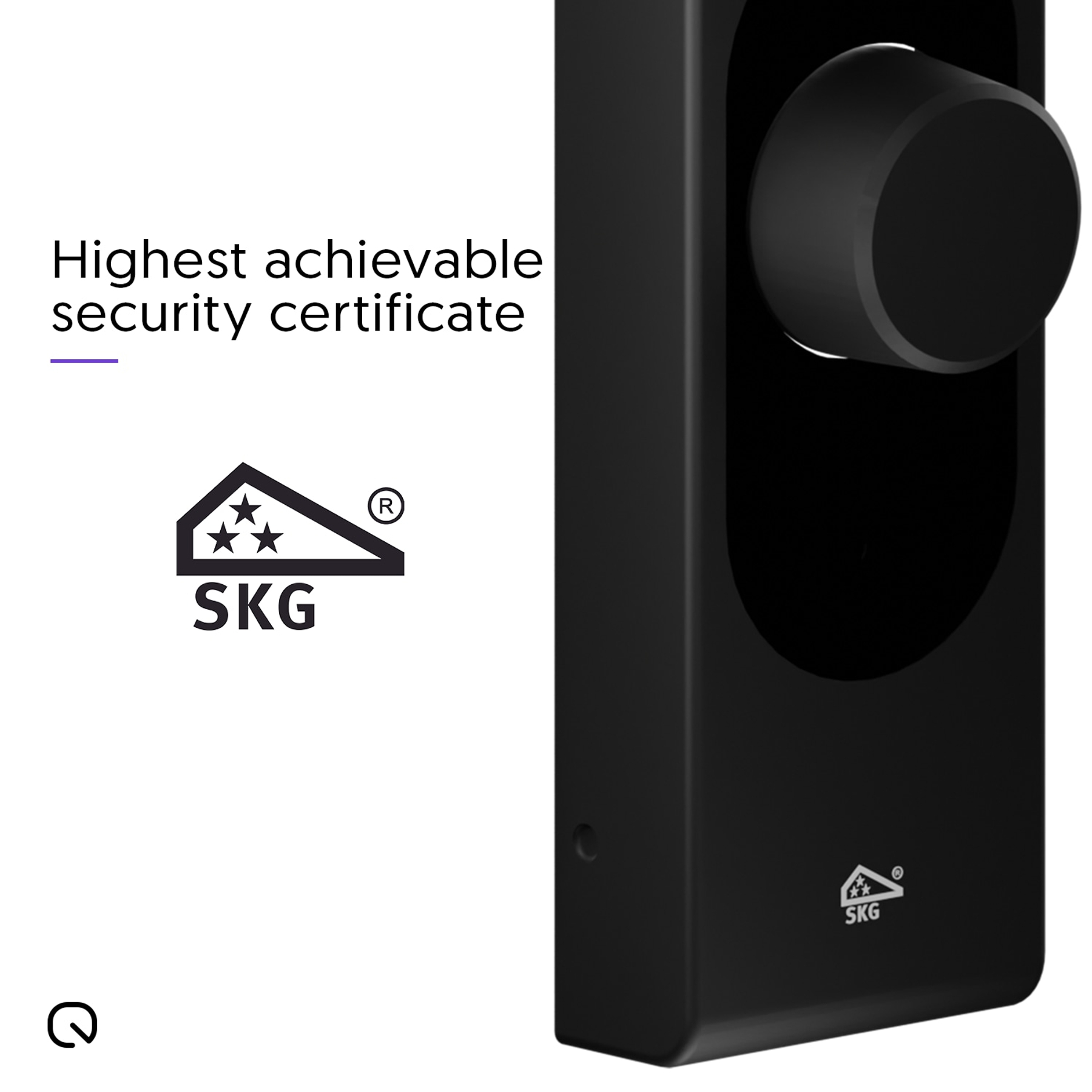 Black smart lock with a knob and SKG security certificate logo.