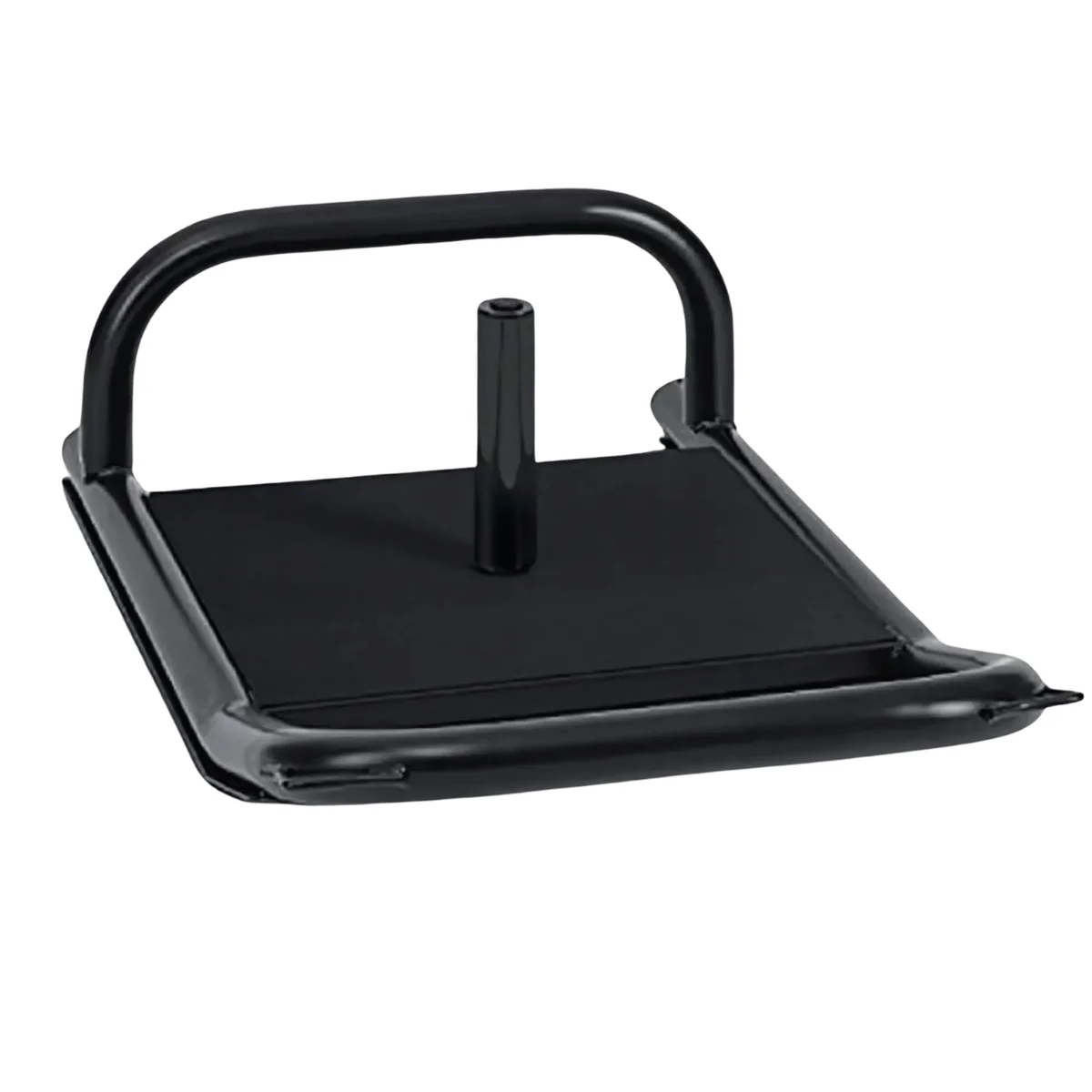 A black metal sled with a handle and a vertical tube in the center of the platform.