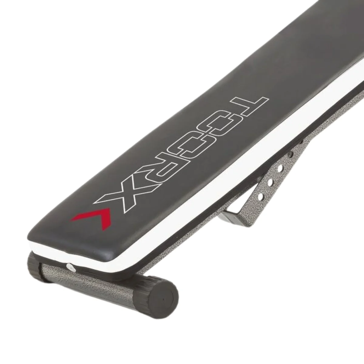 An adjustable weight bench, black with a black padded seat.