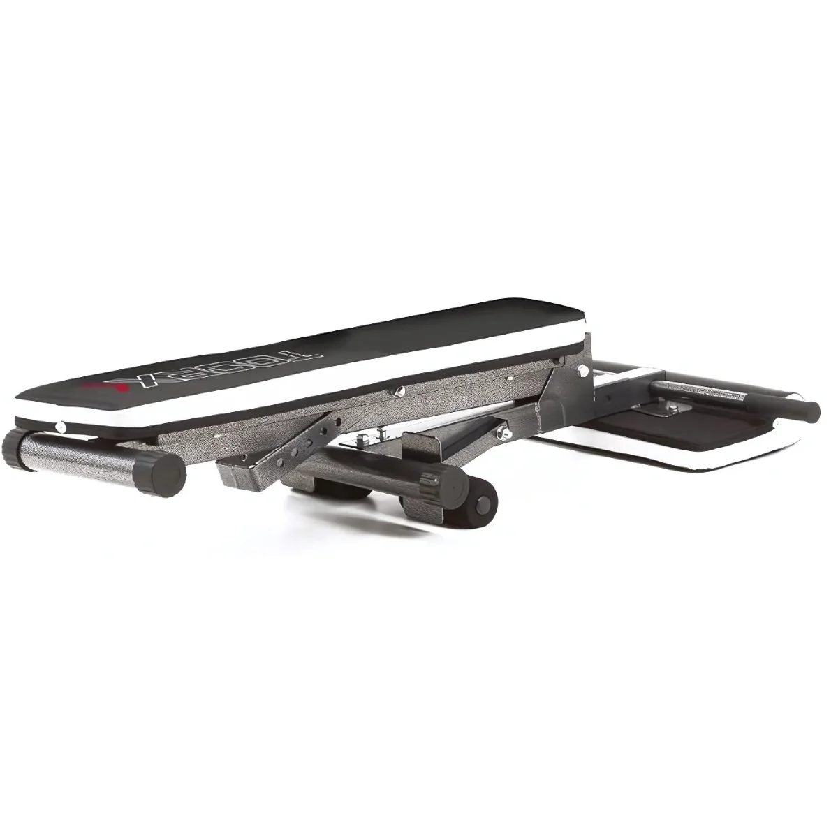 An adjustable weight bench, extended, with a black and white padded surface.