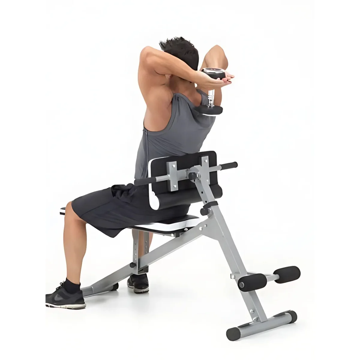 A man exercising with a dumbbell, seated on an exercise bench with a white background.