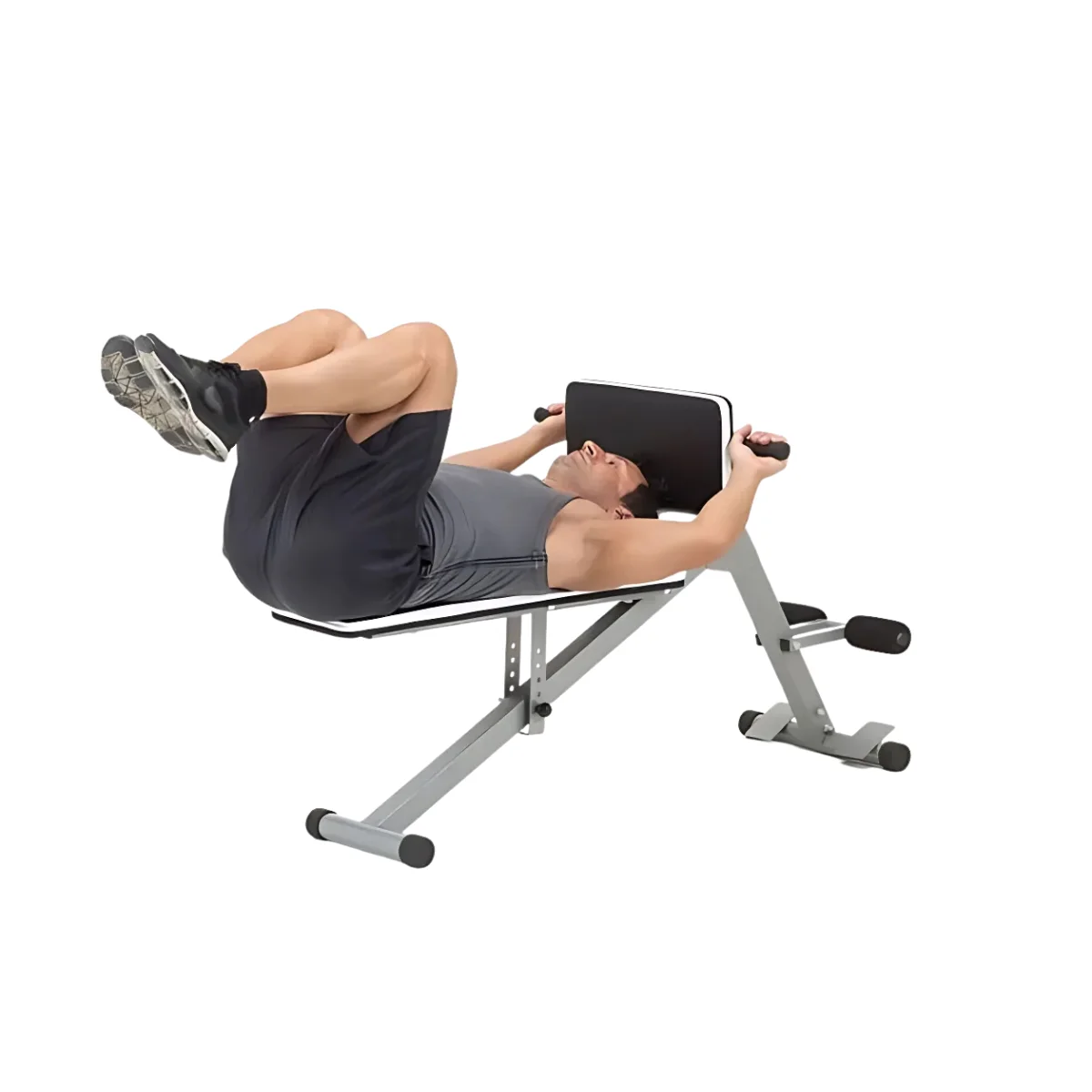 Close-up of a black weight bench seat with stitching, blurry background.
