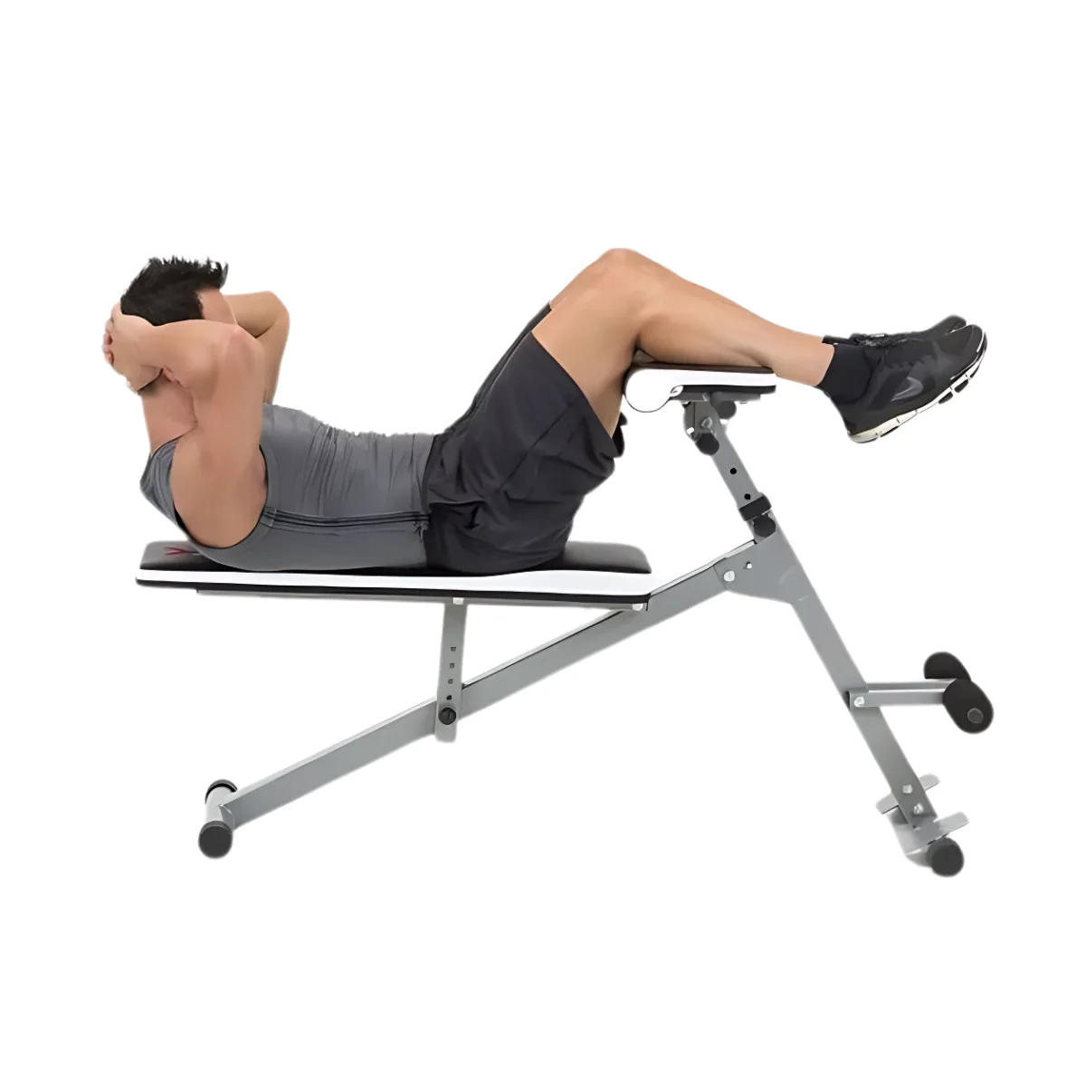 Man doing crunches on a gray exercise bench.