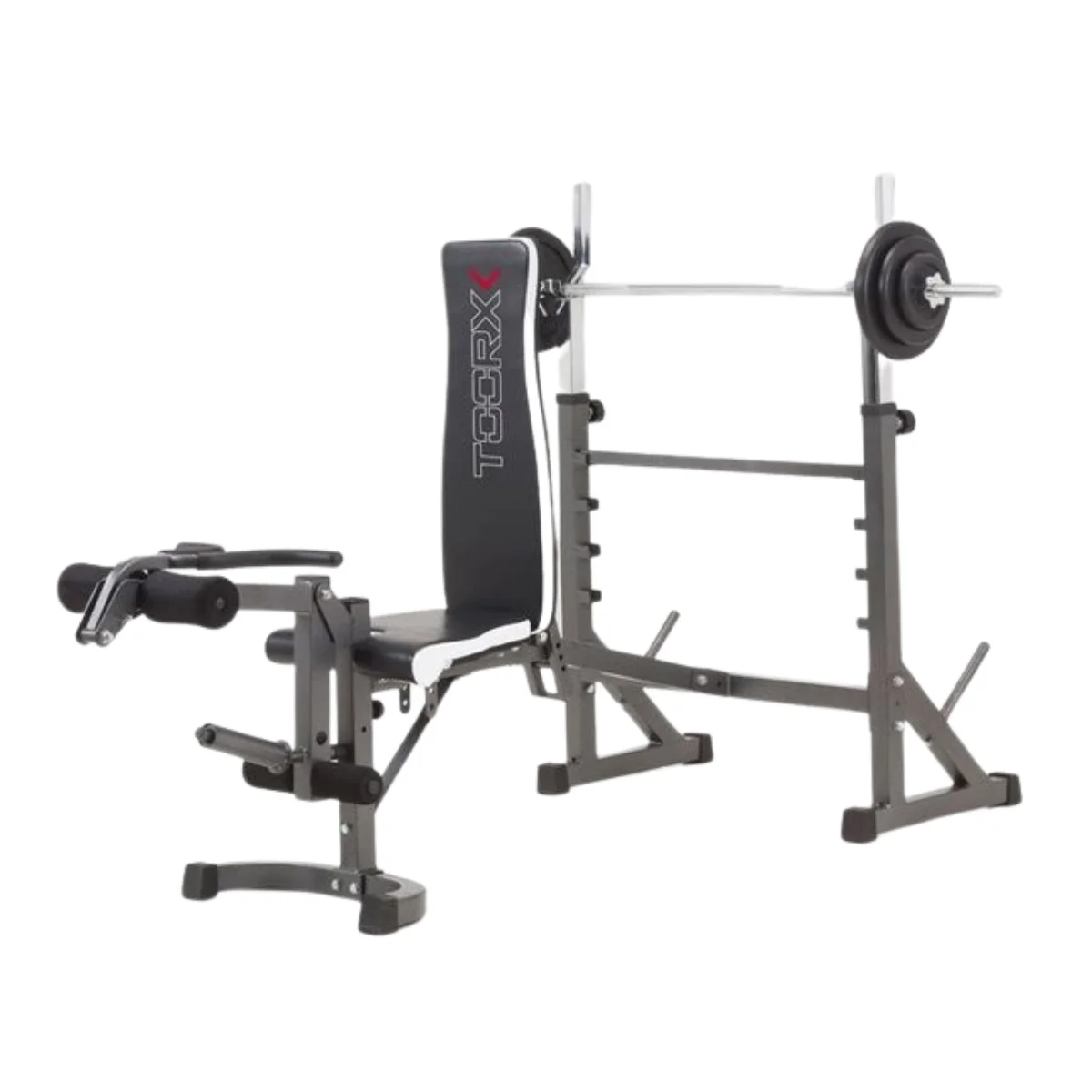 Weight bench with leg extensions, a barbell, and weight plates. White background.