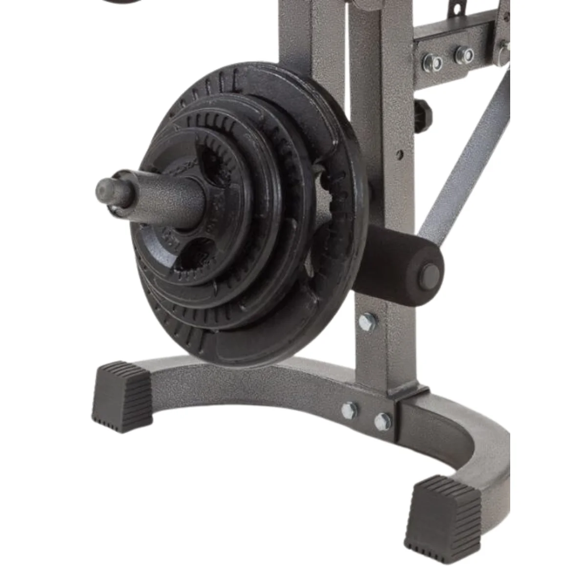 A close-up of the weight plates attached to a weight bench, with the bench's support frame visible.
