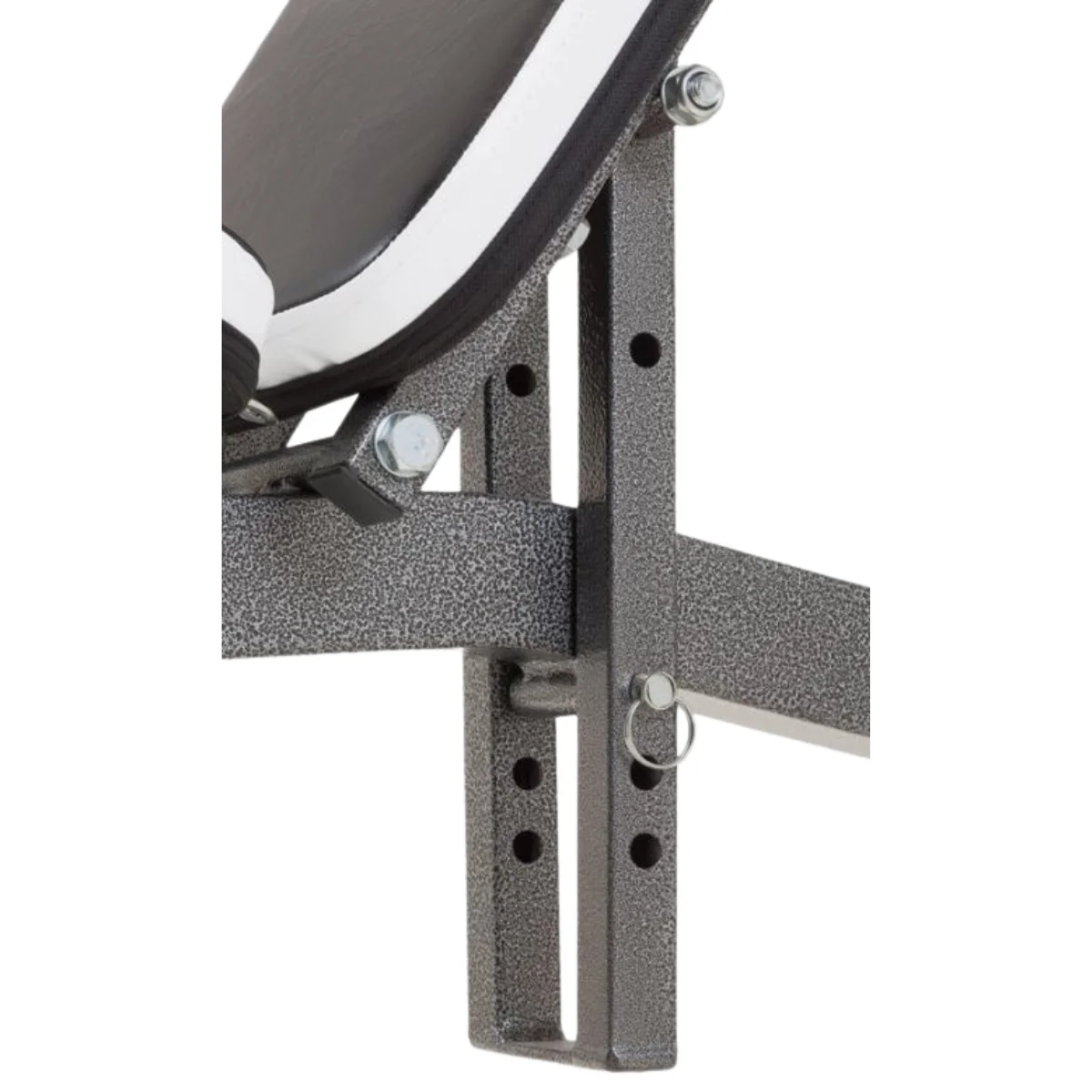 Close up of a grey weight bench with a black and white seat.