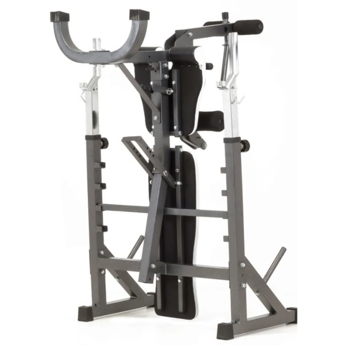 A weightlifting bench and rack on a white background.
