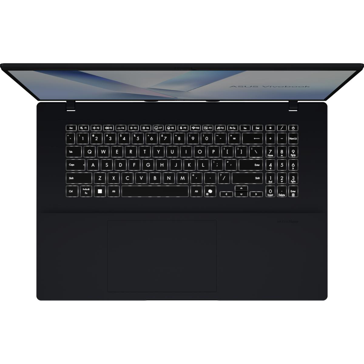 Ein schwarzer Laptop, Draufsicht, geöffnet mit Tastatur und Touchpad.