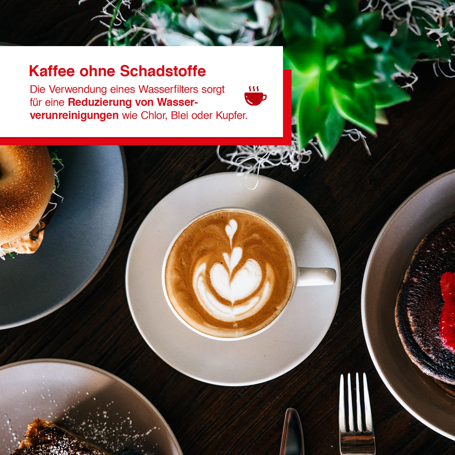 Kaffee mit Latte Art und Essen auf Tellern. Text: Kaffee ohne Schadstoffe. Wasserfilter.