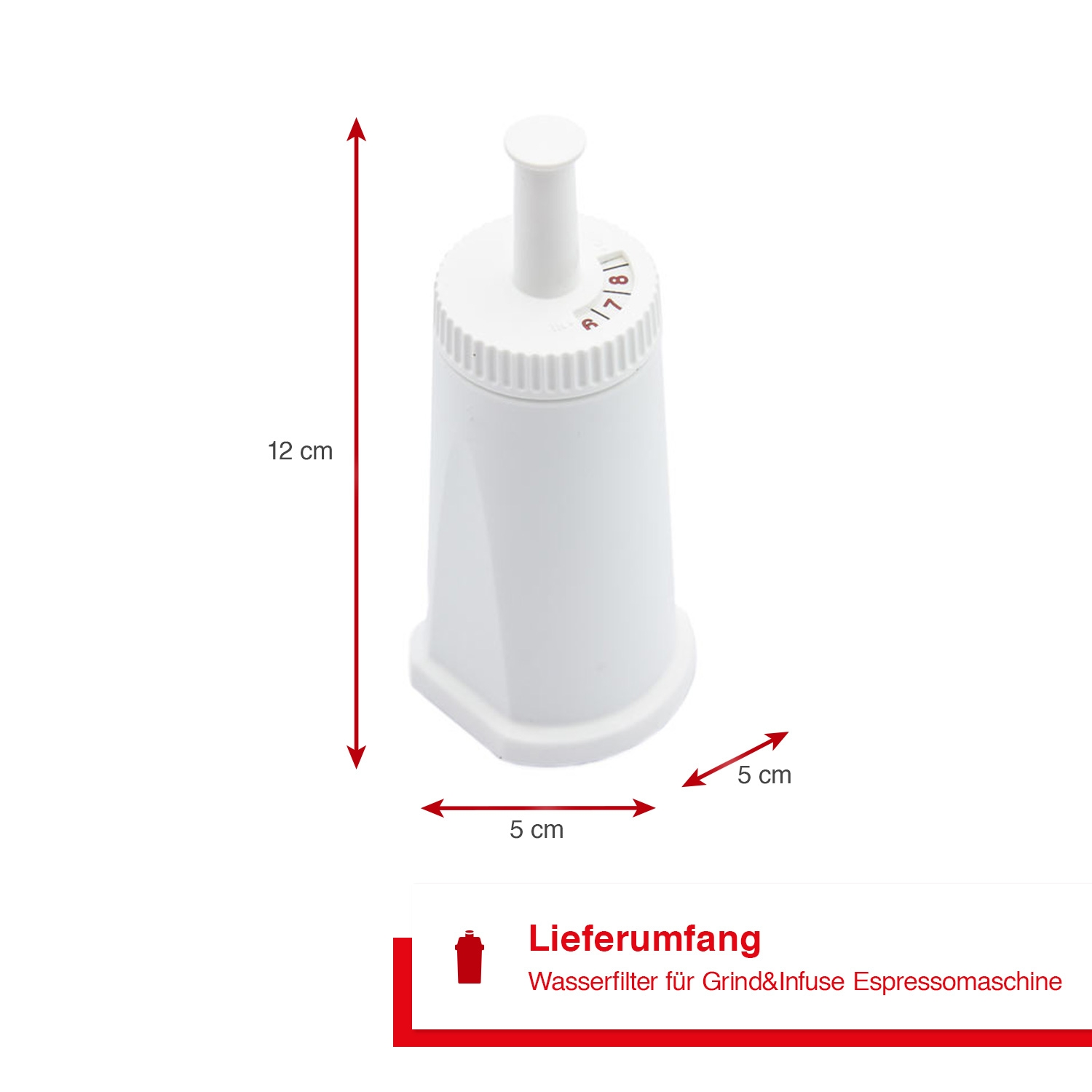Ein weißer Wasserfilter mit in cm angegebenen Abmessungen und Text über enthaltene Artikel in Rot.