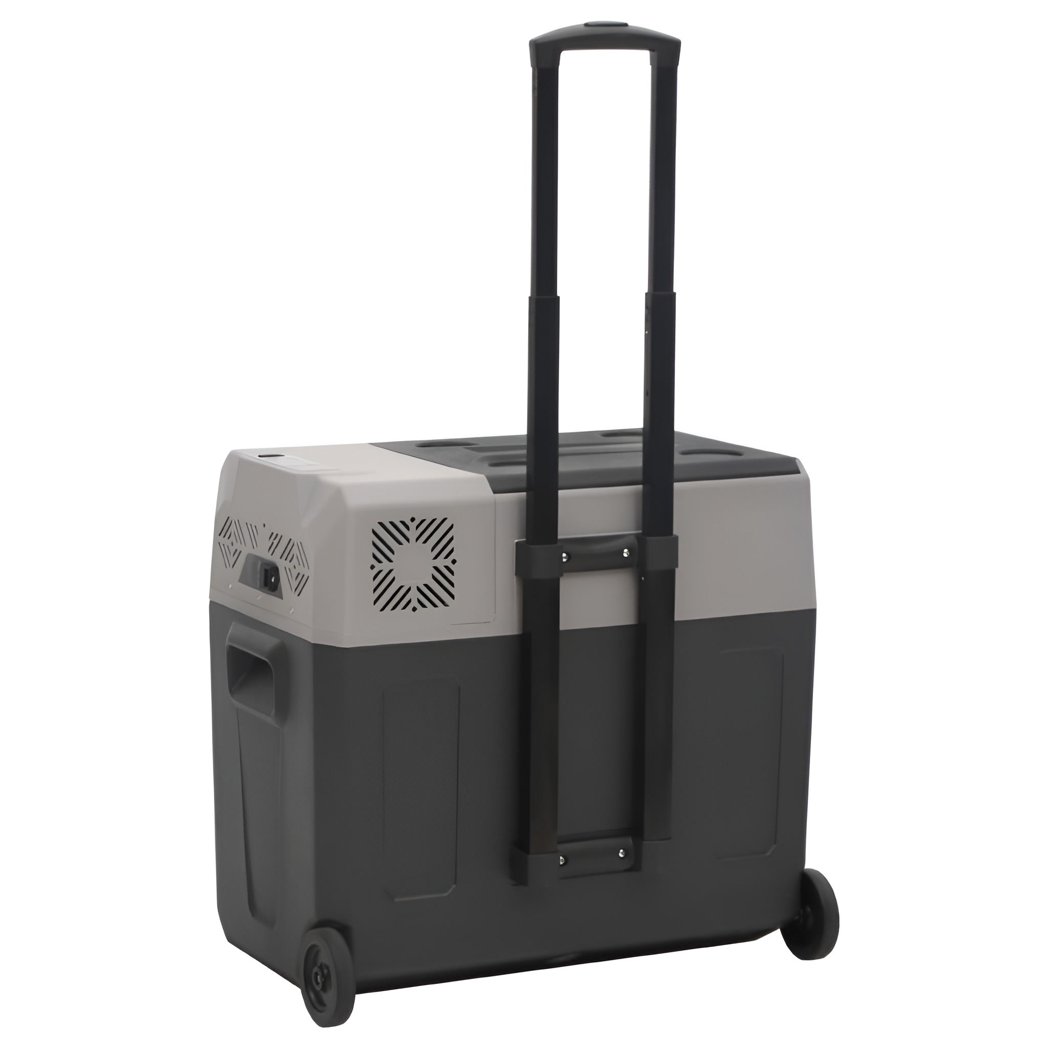 Eine grau-schwarze tragbare Kühlbox mit ausziehbarem Griff und Rädern, vor weißem Hintergrund.