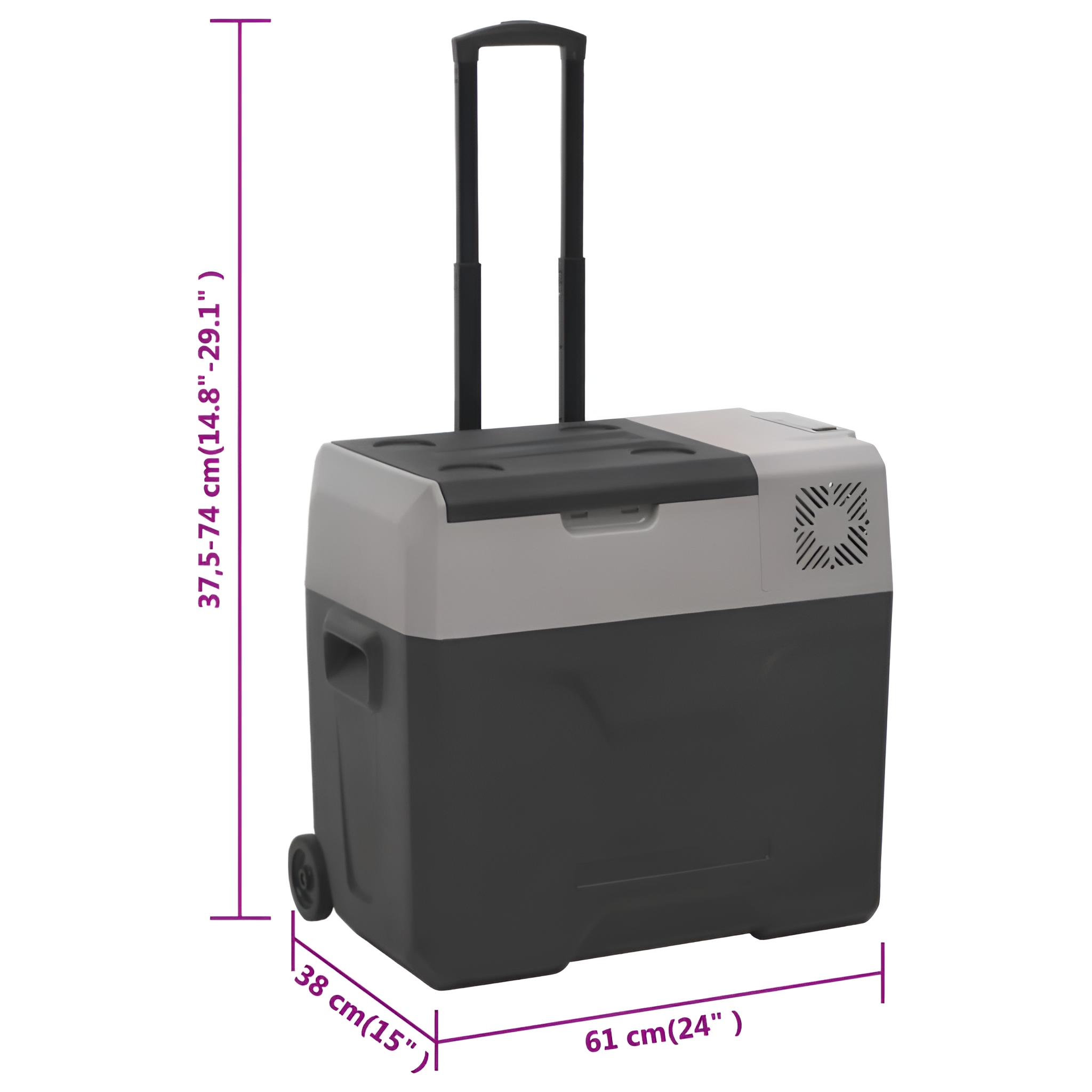Eine tragbare Kühlbox mit Griff und Rädern. Die Abmessungen sind angegeben: 38 cm x 61 cm x 37,5-74 cm.