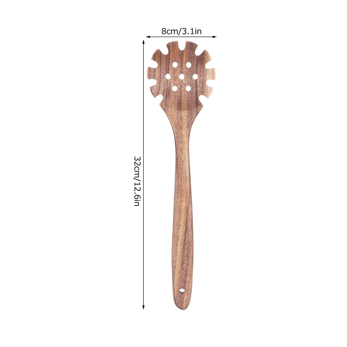 Holz-Nudellöffel. Zeigt Abmessungen: 32 cm/12,6 Zoll lang, 8 cm/3,1 Zoll breit.