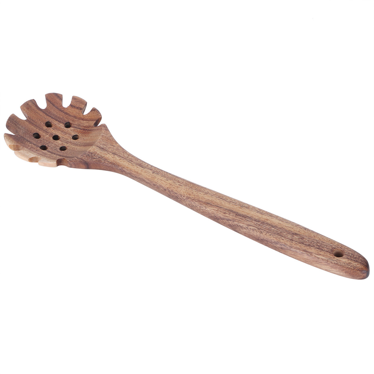 Holz-Spaghettilöffel mit Löchern.