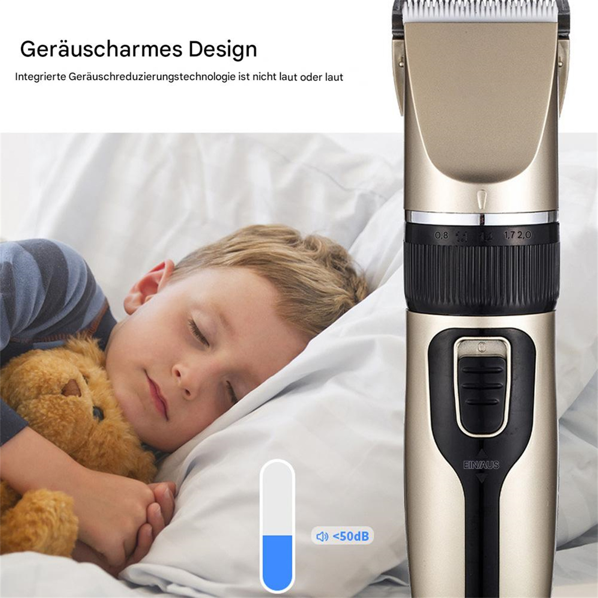 Ein schlafendes Kind mit einem Teddybär und ein goldfarbener Haarschneider mit Lautstärkeanzeige rechts.