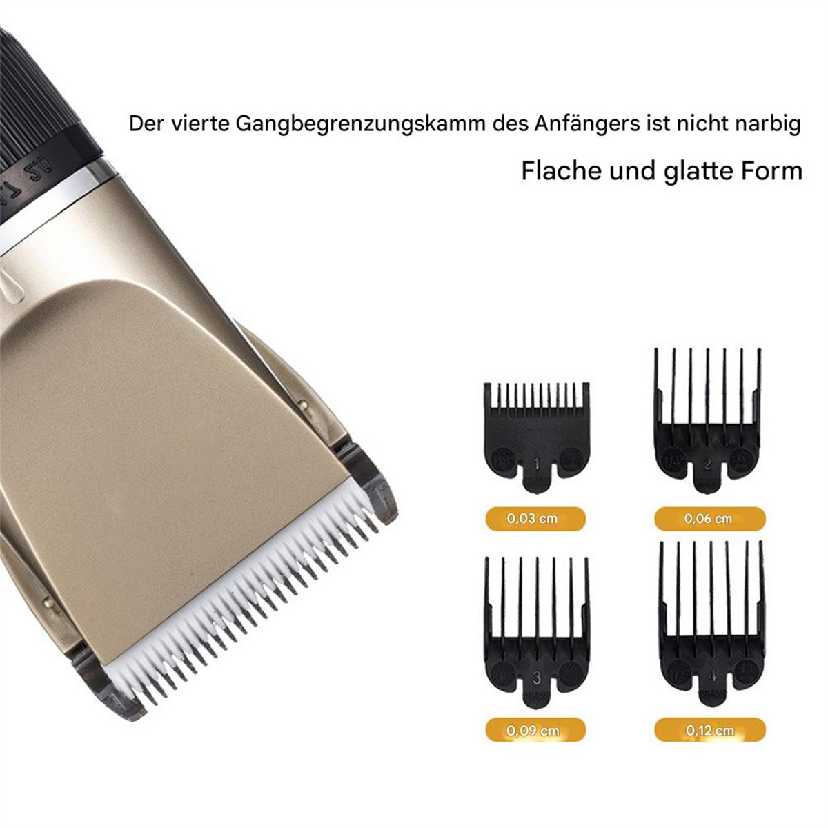 Haarschneidekopf mit vier unterschiedlich großen Kämmen. Der Kopf ist gold und schwarz.