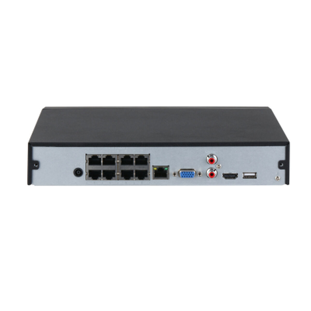 Rückansicht eines schwarzen DVR mit mehreren Anschlüssen, einschließlich Ethernet, VGA und HDMI.