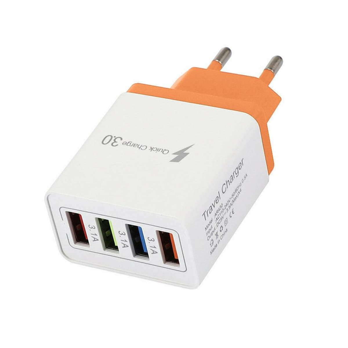 Ein weißes und orangefarbenes Reise-Ladegerät mit 4 USB-Anschlüssen. Es hat ein Quick Charge 3.0-Label.