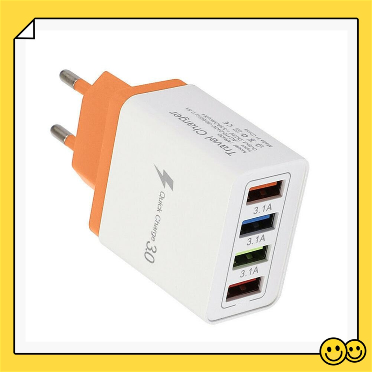 Ein weiß-oranges Reise-Ladegerät mit mehreren USB-Anschlüssen. Aufschrift: 'Quick Charge 3.0'.