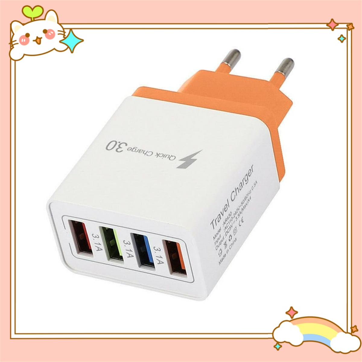 Ein weißes und orangefarbenes Reise-Ladegerät mit vier USB-Anschlüssen.