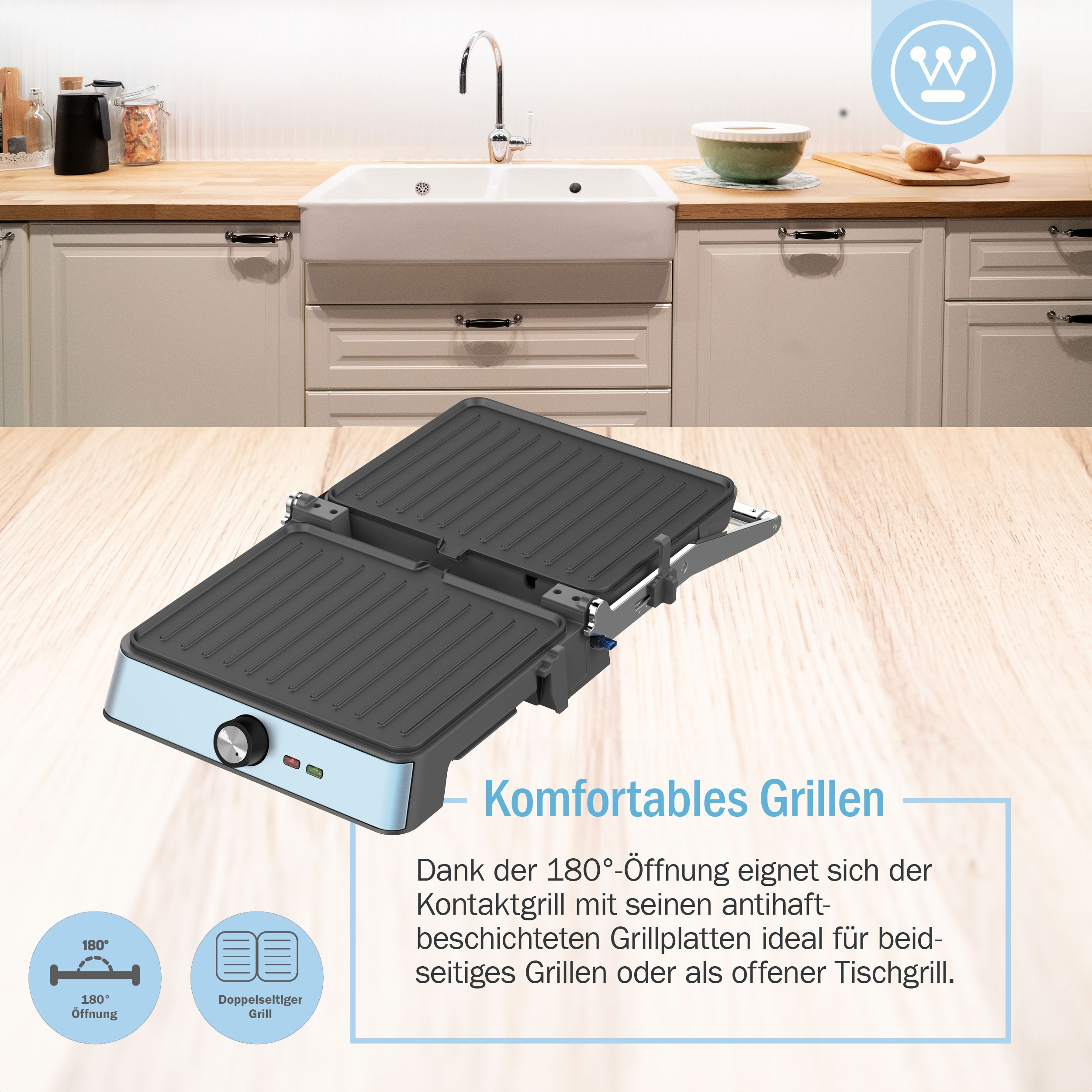 Ein blauer und silberner Kontaktgrill ist geöffnet dargestellt, mit Text über 180-Grad-Öffnung und Antihaftplatten.