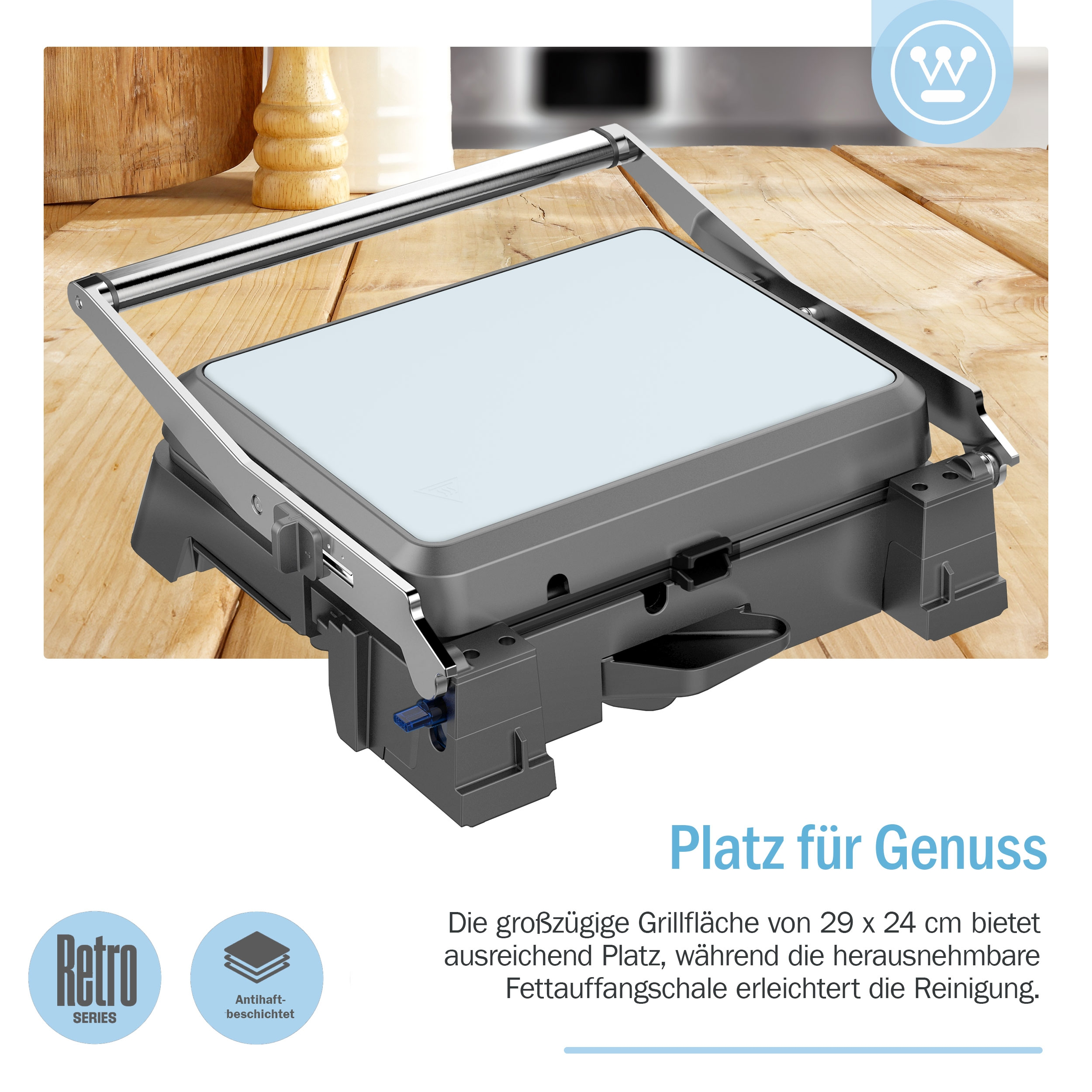 Ein grauer und silberner Grill mit weißer Kochfläche, mit Text über das Produkt.