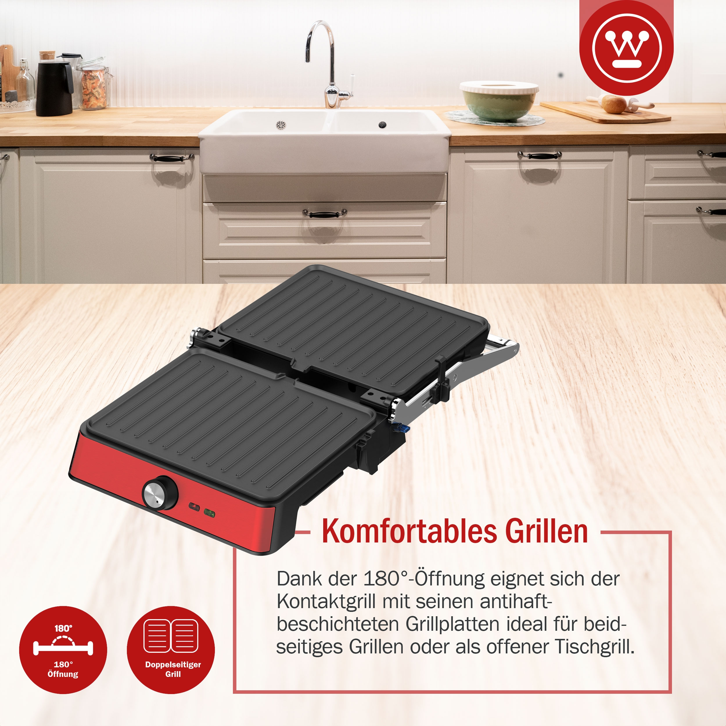 Roter und schwarzer Grill auf weißer Oberfläche, Text über Grillen.