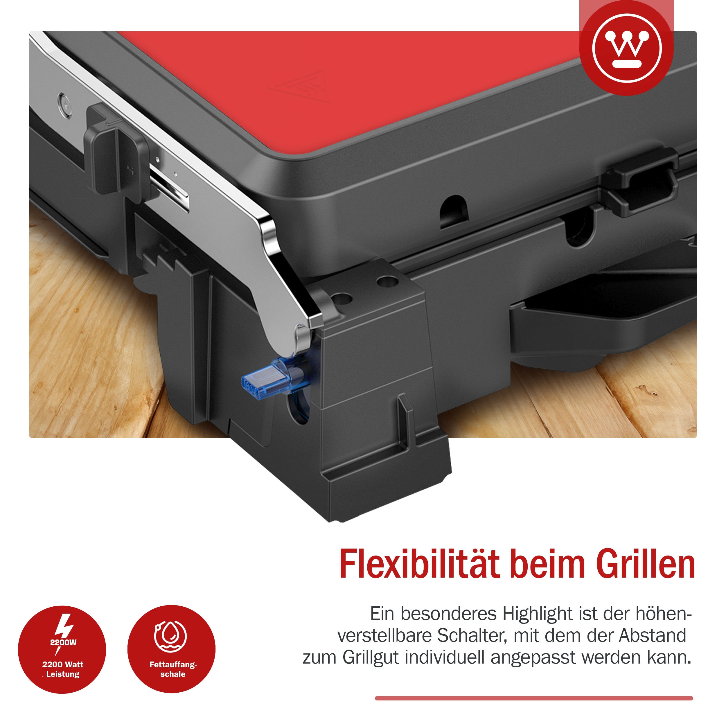 Ein schwarzer und roter Grill mit rotem Deckel, mit Text über Grillflexibilität und Funktionen.
