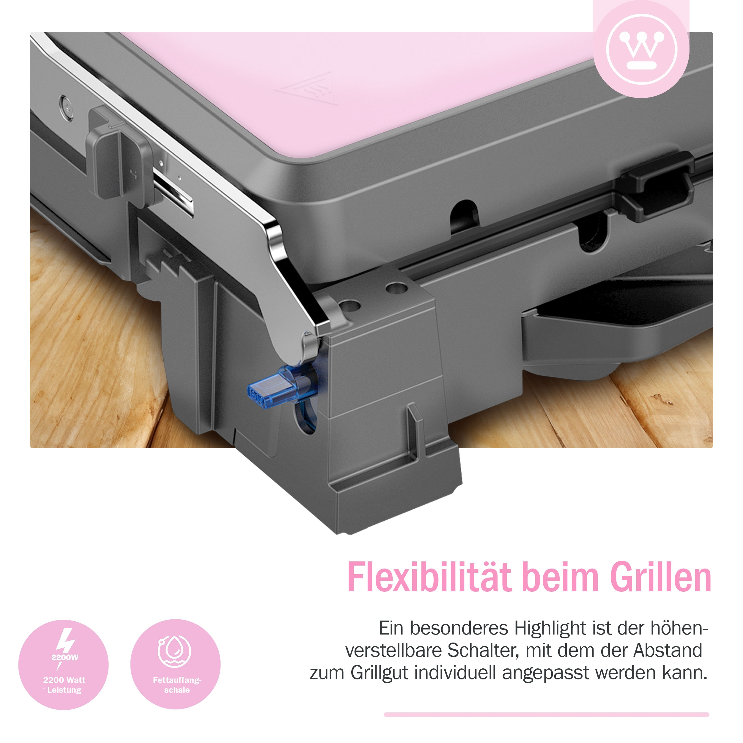 Pink und grauer Grill mit deutschem Text, der Funktionen und Flexibilität zeigt.