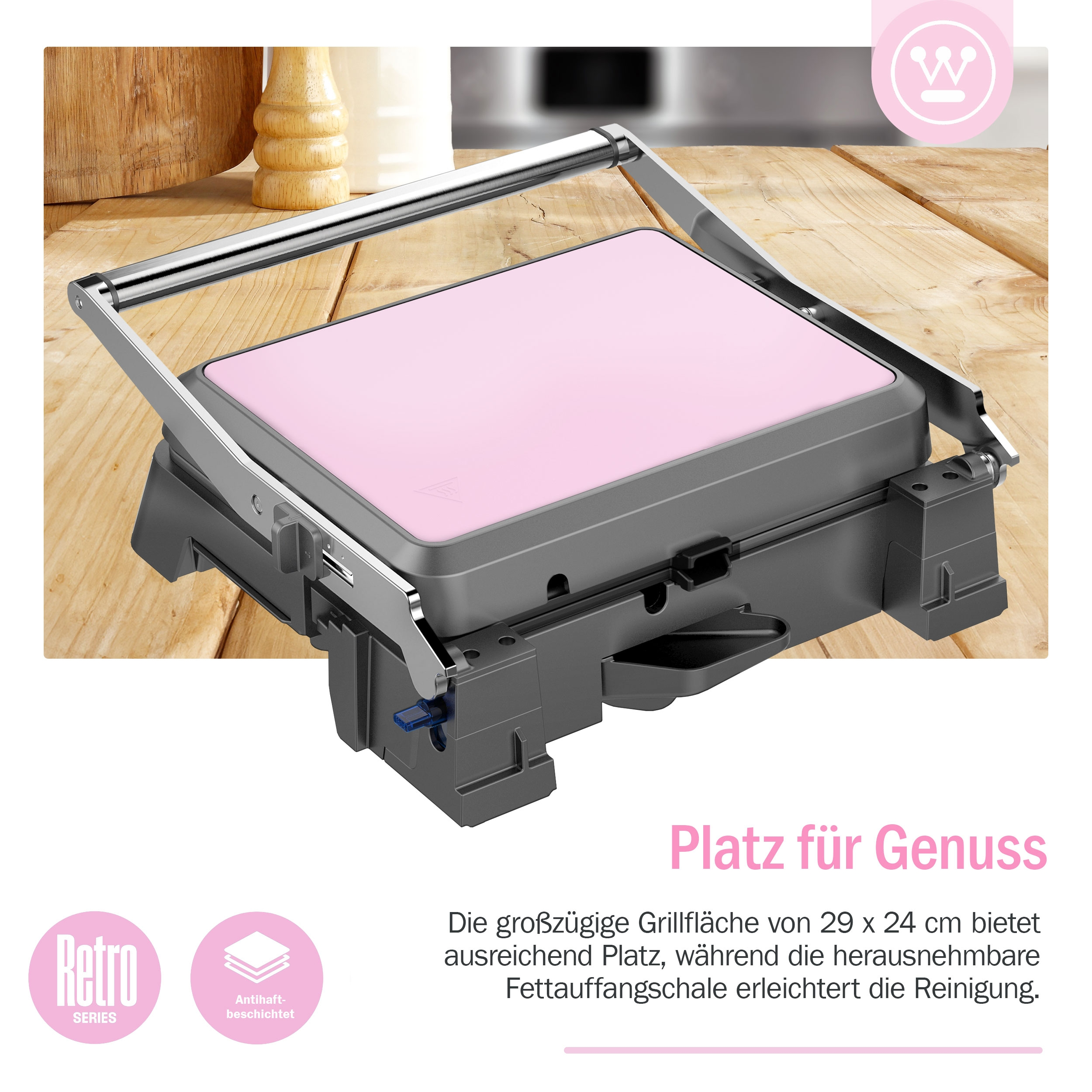 Rosa Grillplatte mit grauem Rahmen. Text über Genuss und Antihaftbeschichtung.