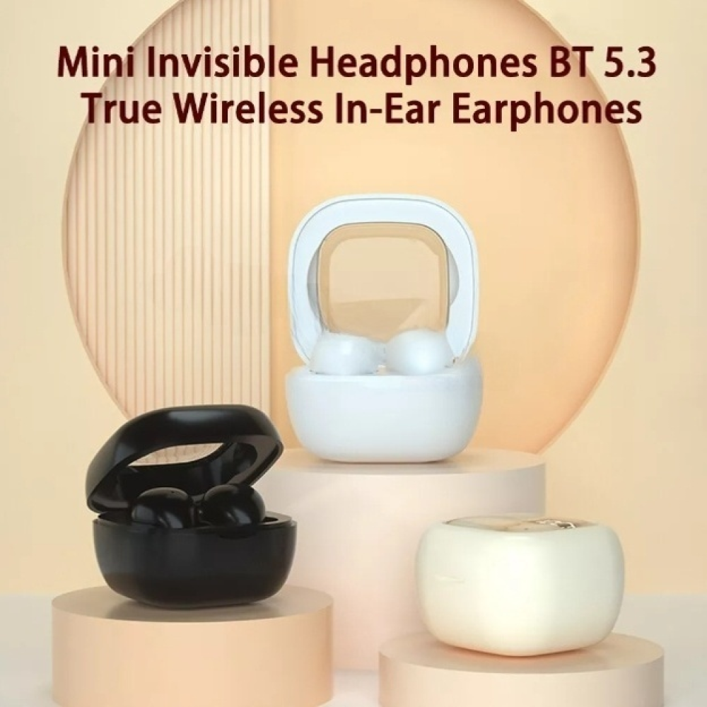Mini unsichtbare Ohrhörer in Hüllen und eine Produktbeschreibung.