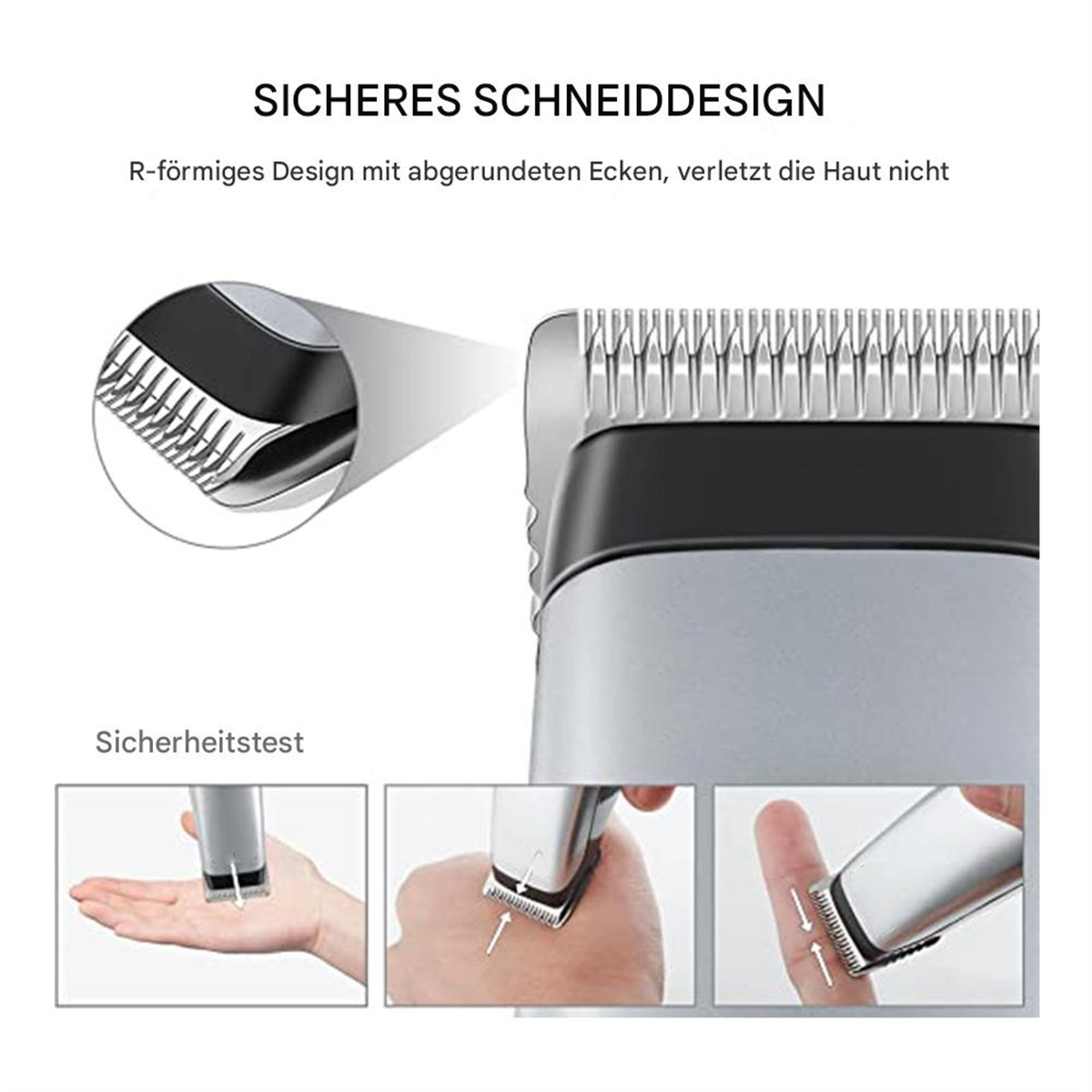 Nahaufnahmen eines Rasiergeräts. Zeigt den Klingenkopf und einen Sicherheitstest.
