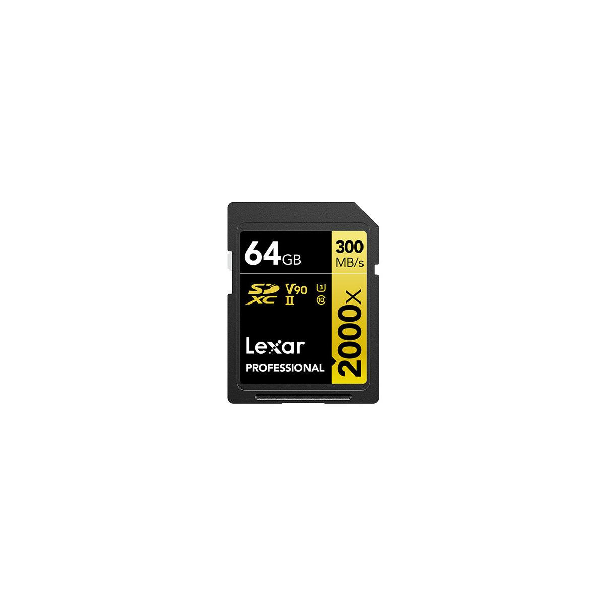 Schwarze Lexar Professional SD-Karte. 64 GB Kapazität und 2000x Geschwindigkeit beschriftet.
