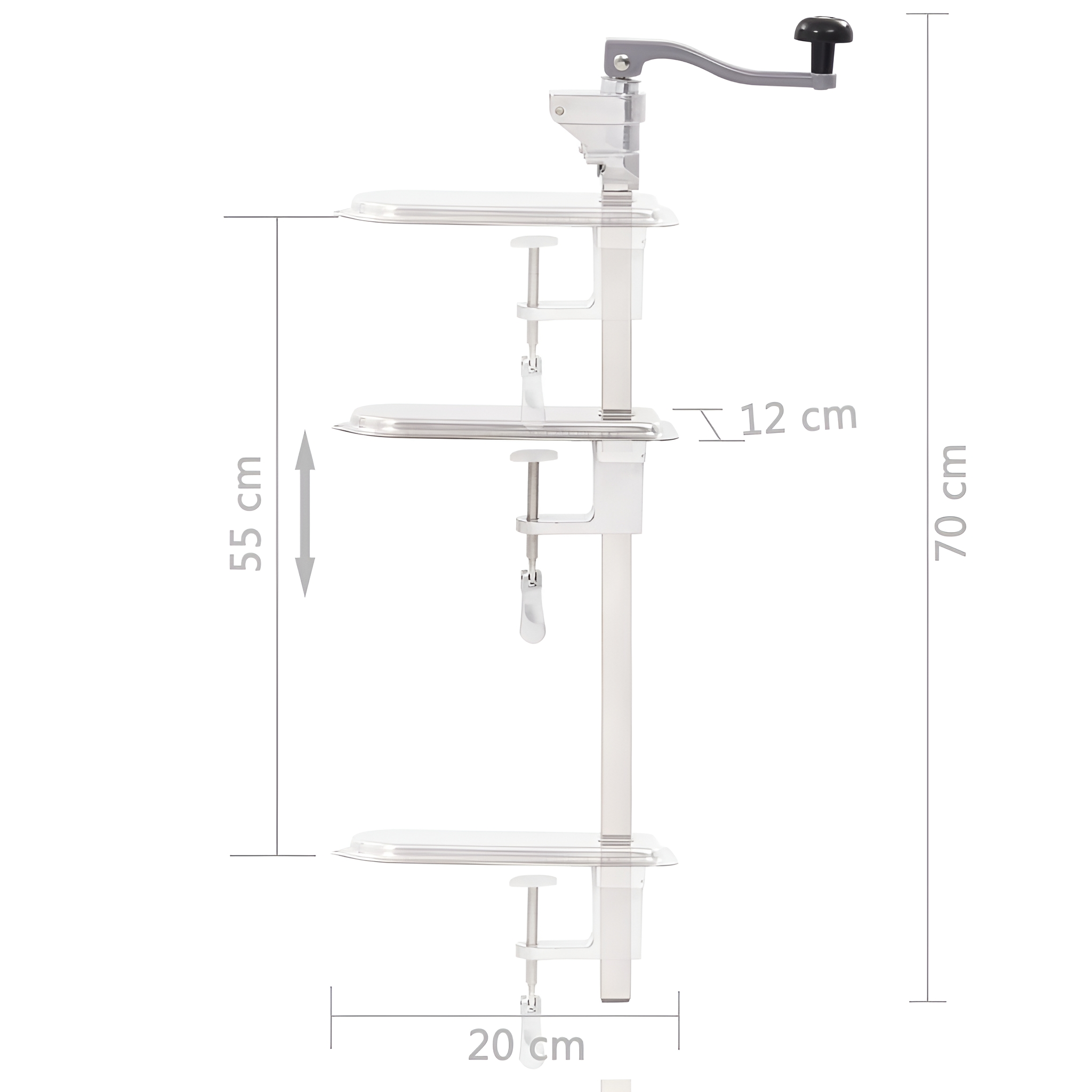 Manueller Dosenöffner mit Maßen: 55cm, 20cm, 12cm und 70cm auf weißem Hintergrund.