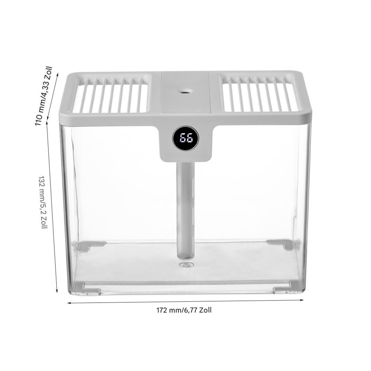 Klarer Aquariumkasten mit Maßen und Digitalanzeige mit der Zahl 66.