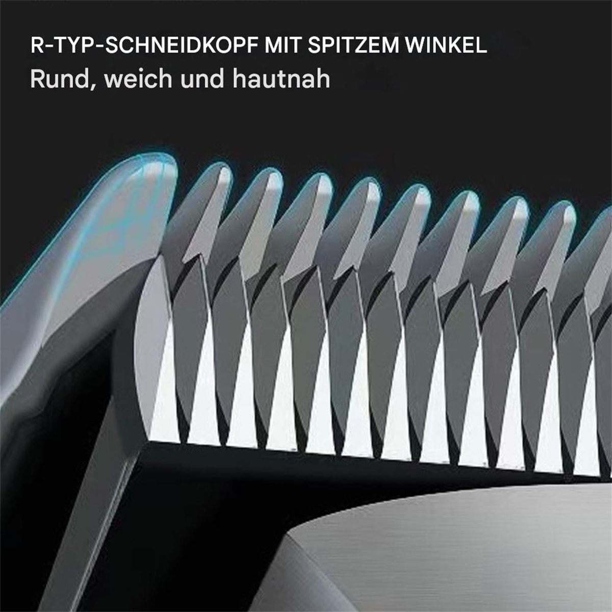 Eine Nahaufnahme eines silbernen Rasiererkopfes mit Klingen.