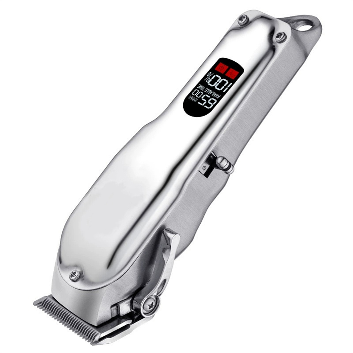 Silberner elektrischer Haarschneider mit Digitalanzeige. Silberner Trimmer, Anzeige, Haar, Leistung.
