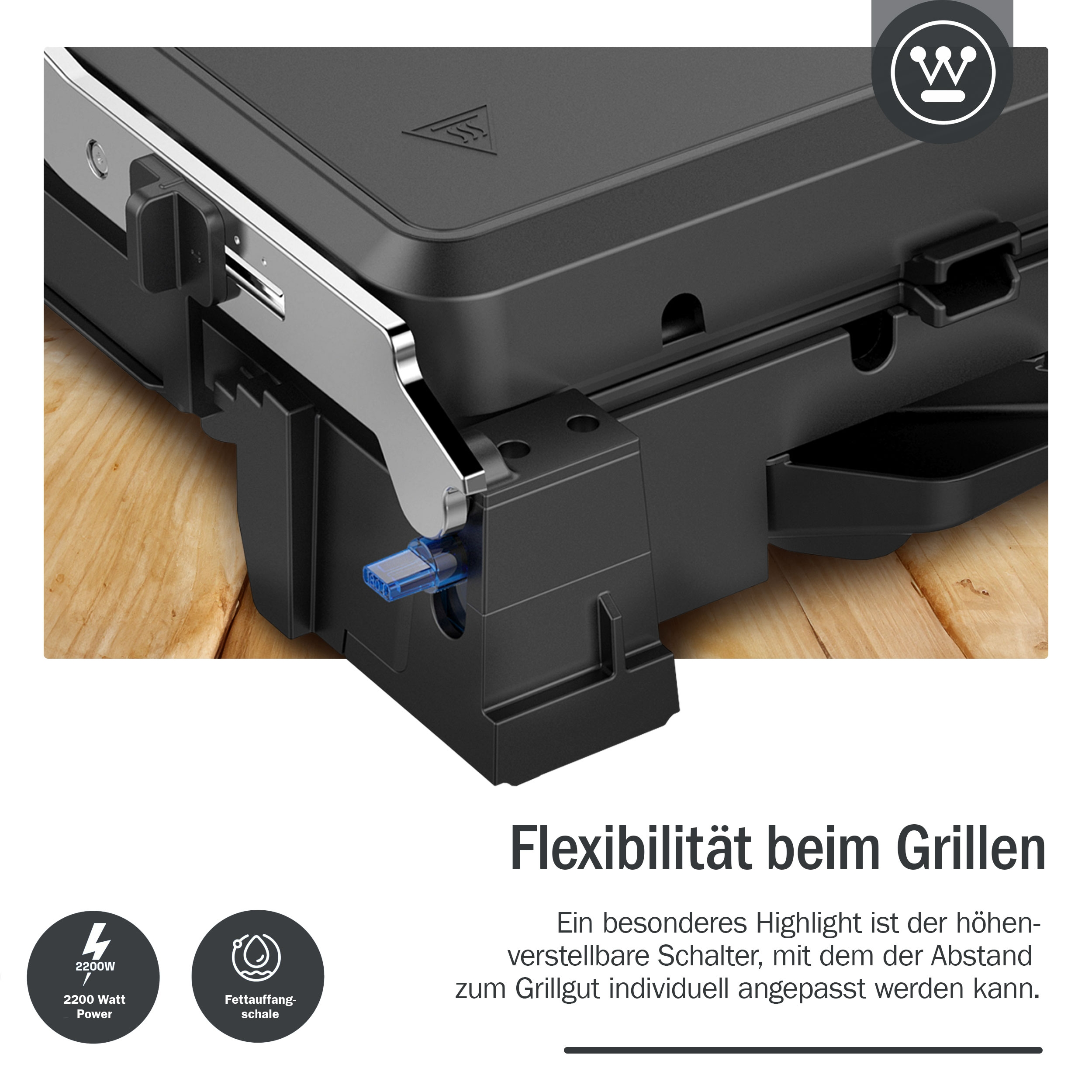 Schwarzer Grill. Nahaufnahme der Vorderseite. Einstellbarer Schalter und Ein-/Ausschalter.