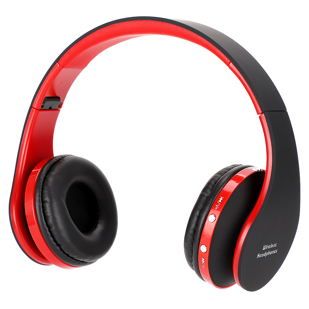 Rote und schwarze kabellose Kopfhörer. Bedienelemente an der Seite, Over-Ear-Design.