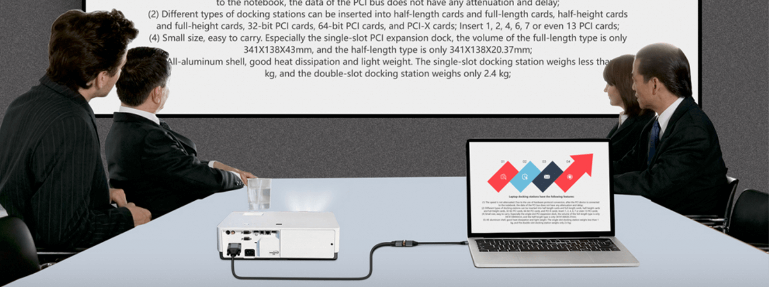 Ludzie oglądający ekran, z projektorem i laptopem. Obecne są nakładki tekstowe.
