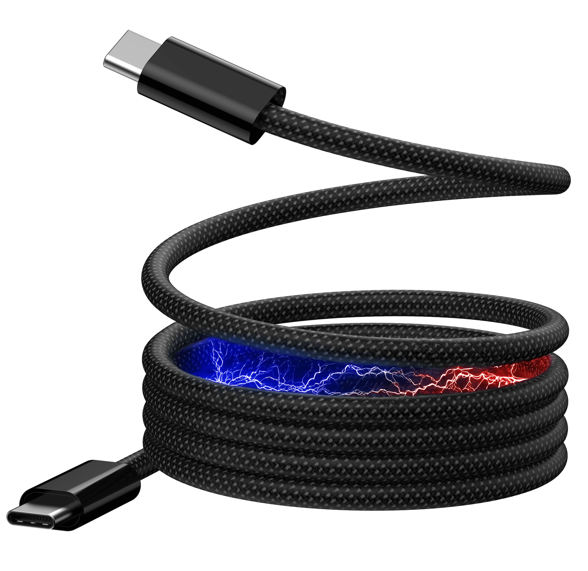 Czarny kabel USB-C. Czerwone i niebieskie detale błyskawicy. Białe tło.