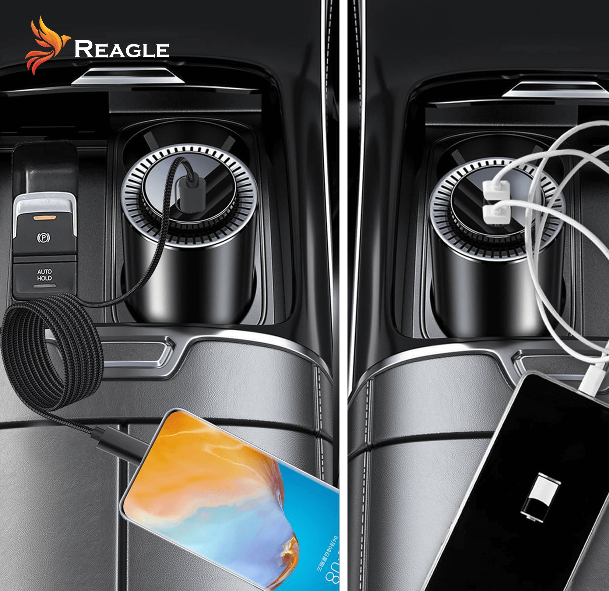 Konsola samochodowa z portami ładowania. Dwa telefony są podłączone do ładowarek, jeden się ładuje, a drugi podłączony.