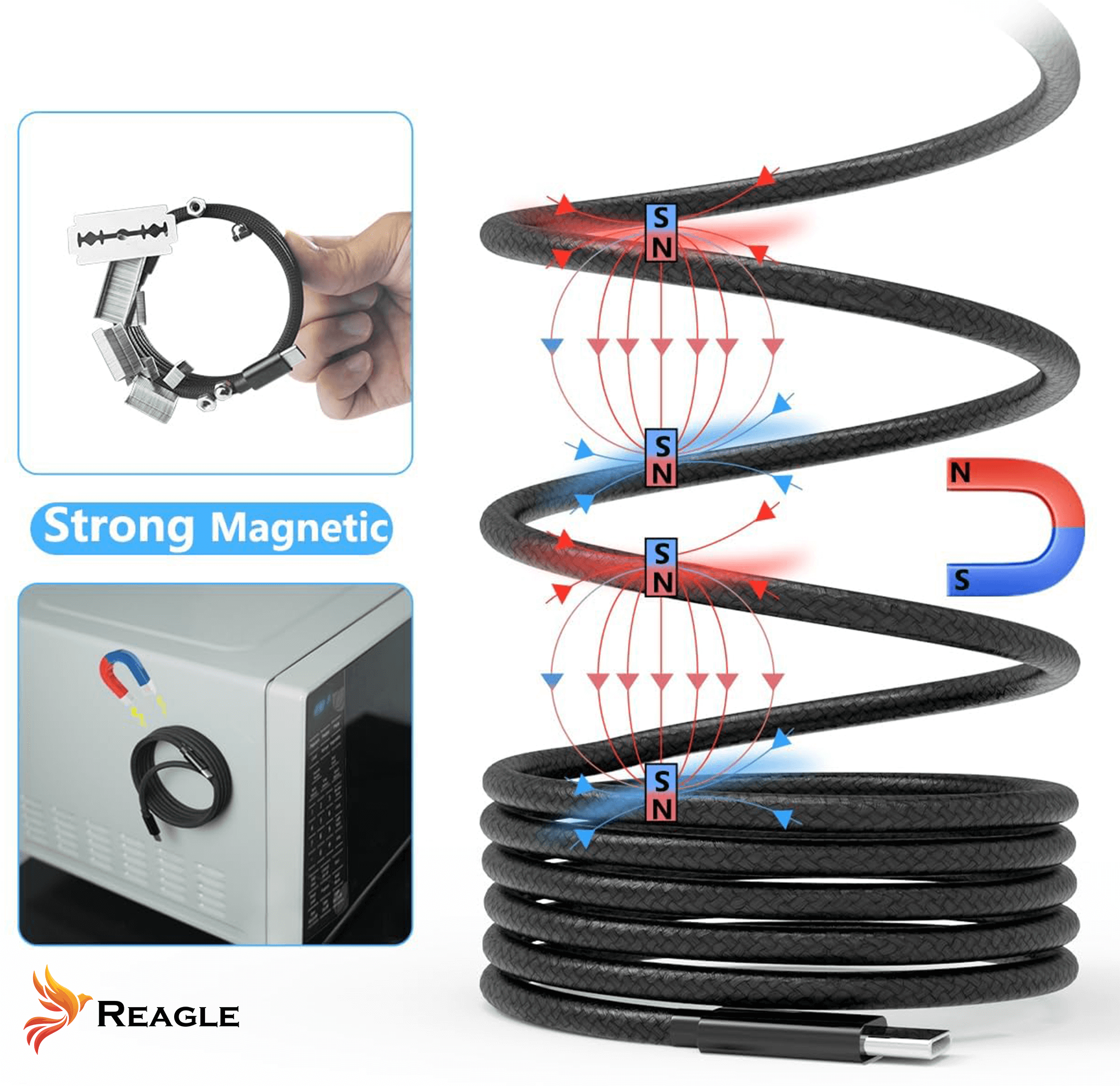 Czarny pleciony kabel USB z magnesami i obrazem kuchenki mikrofalowej.