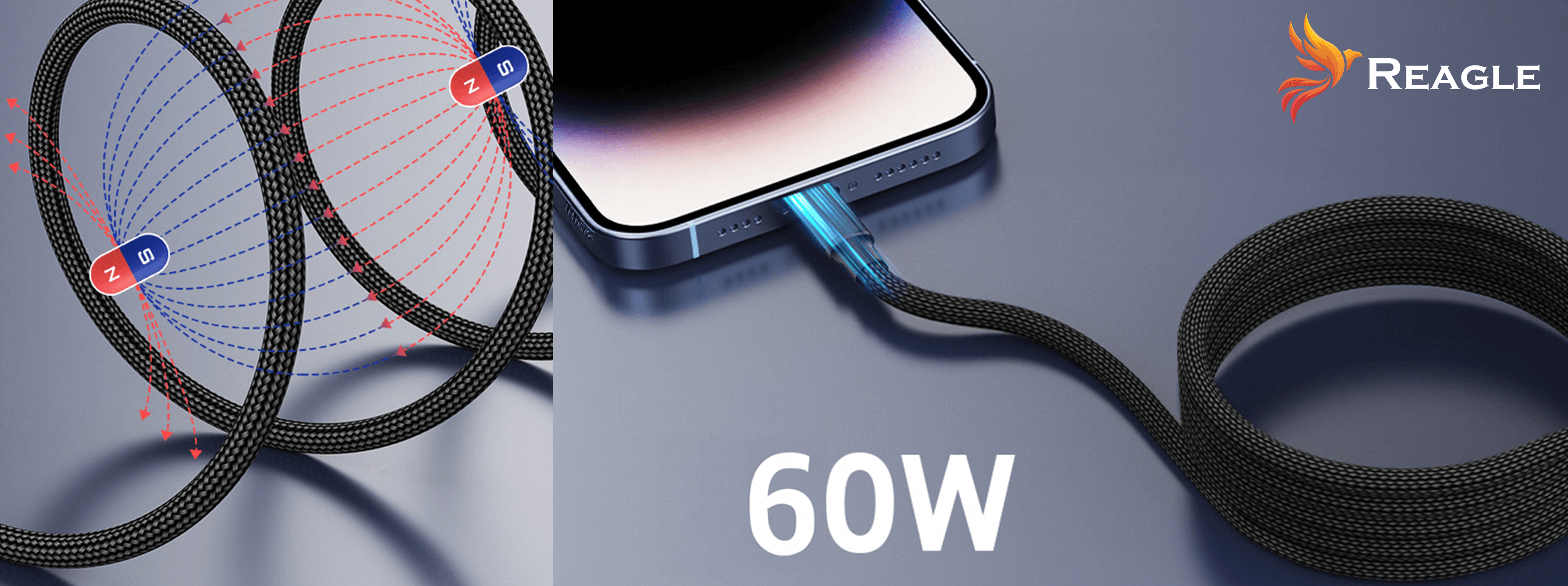 Czarny kabel magnetyczny z telefonem i końcówką ładującą.