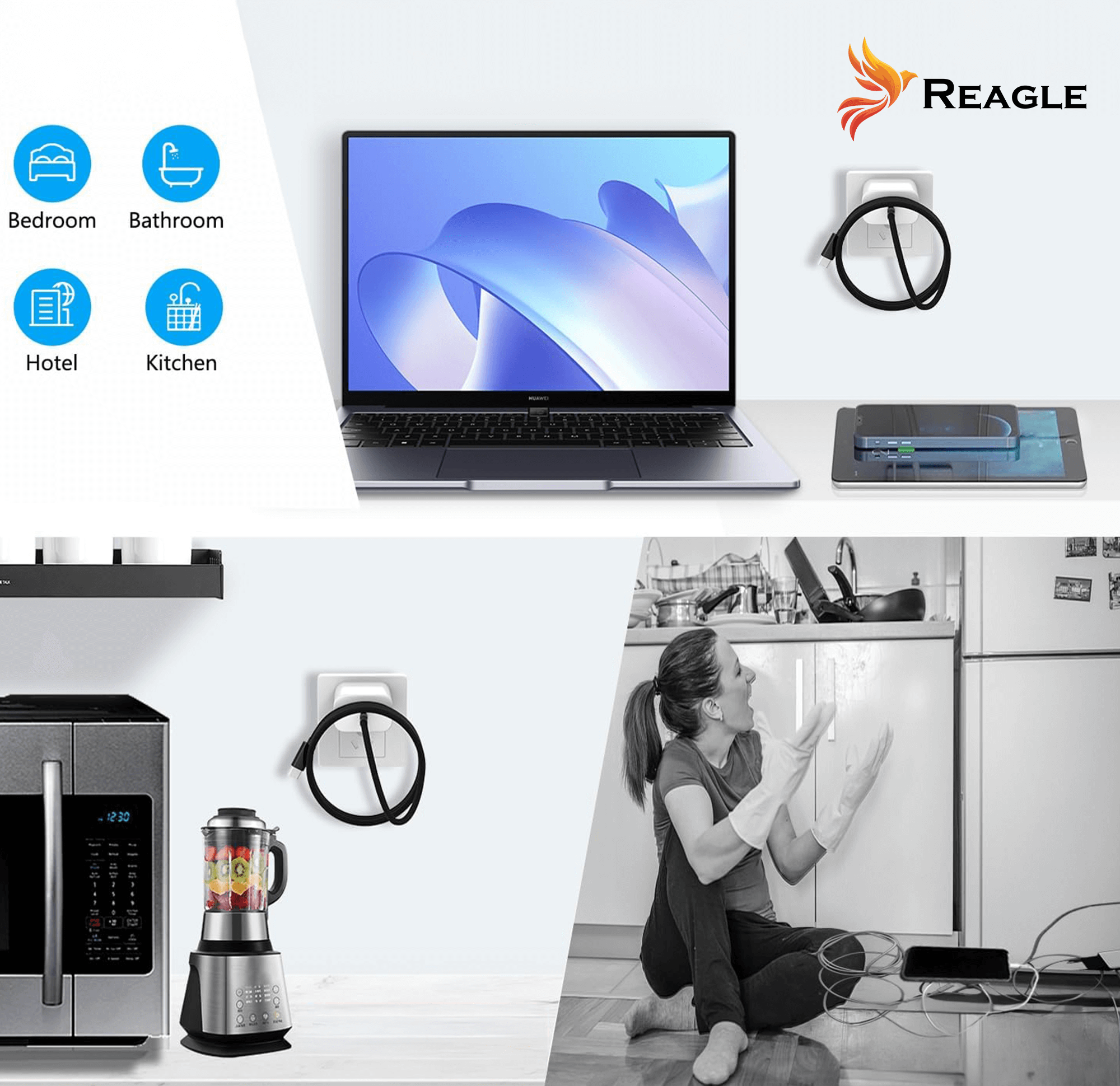 Zdjęcie lifestyle z laptopem, tabletem, kuchnią i kobietą. Logo Reagle w prawym górnym rogu.