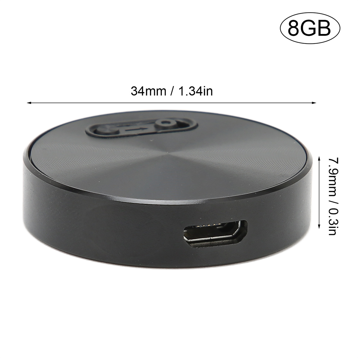 Ein schwarzes, rundes Gerät mit USB-Anschluss und dem Text '8GB' oben.